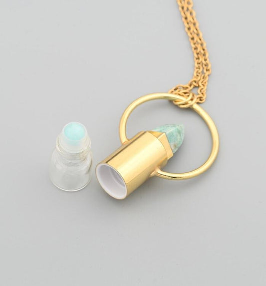 Amazonite Essential Oil Necklace, 18K Gold Filled Perfume Bottle Pendant
